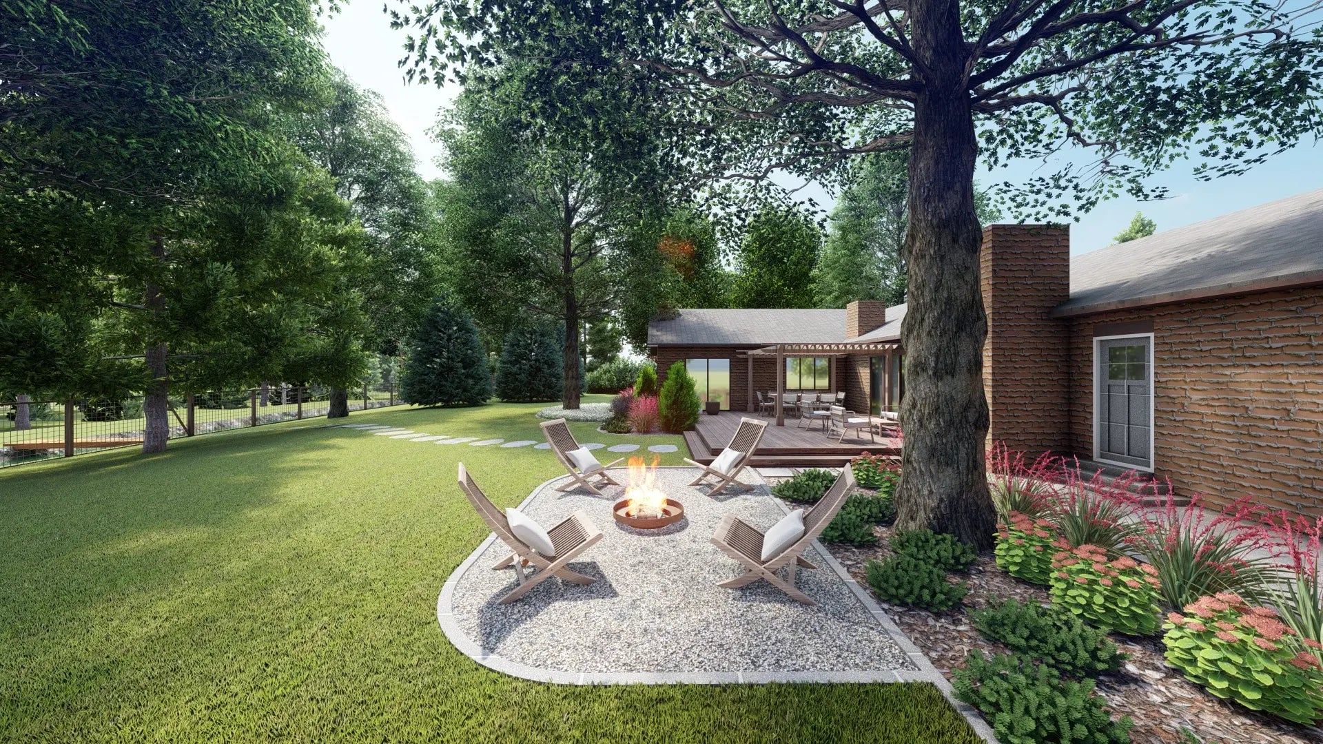 gravel patio with a fire pit in a backyard