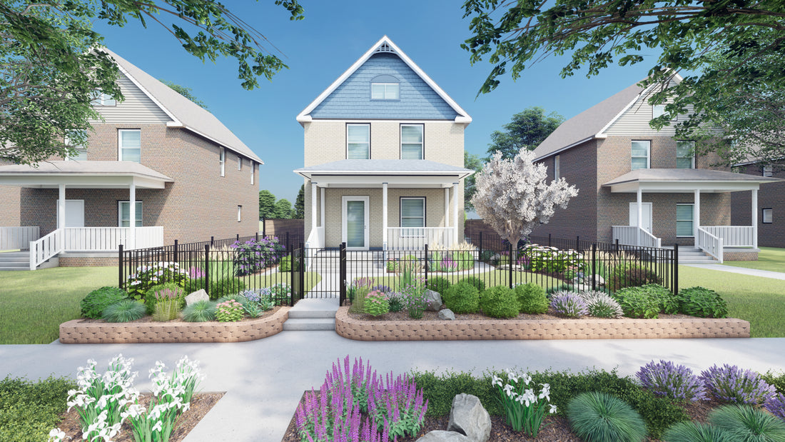 a small front yard landscaping with a metal fence and native plants 