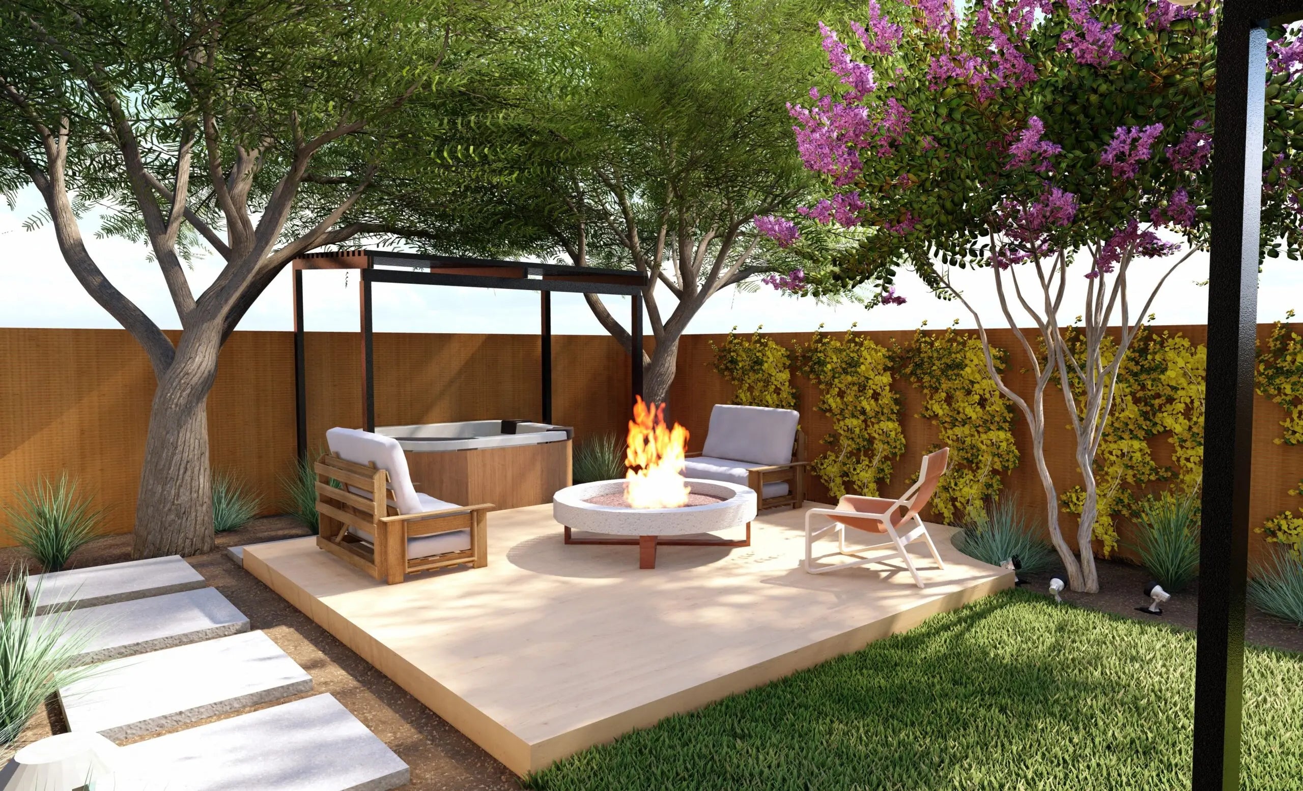 a DIY floating deck with a pergola and a vertical garden climing up the privacy fence