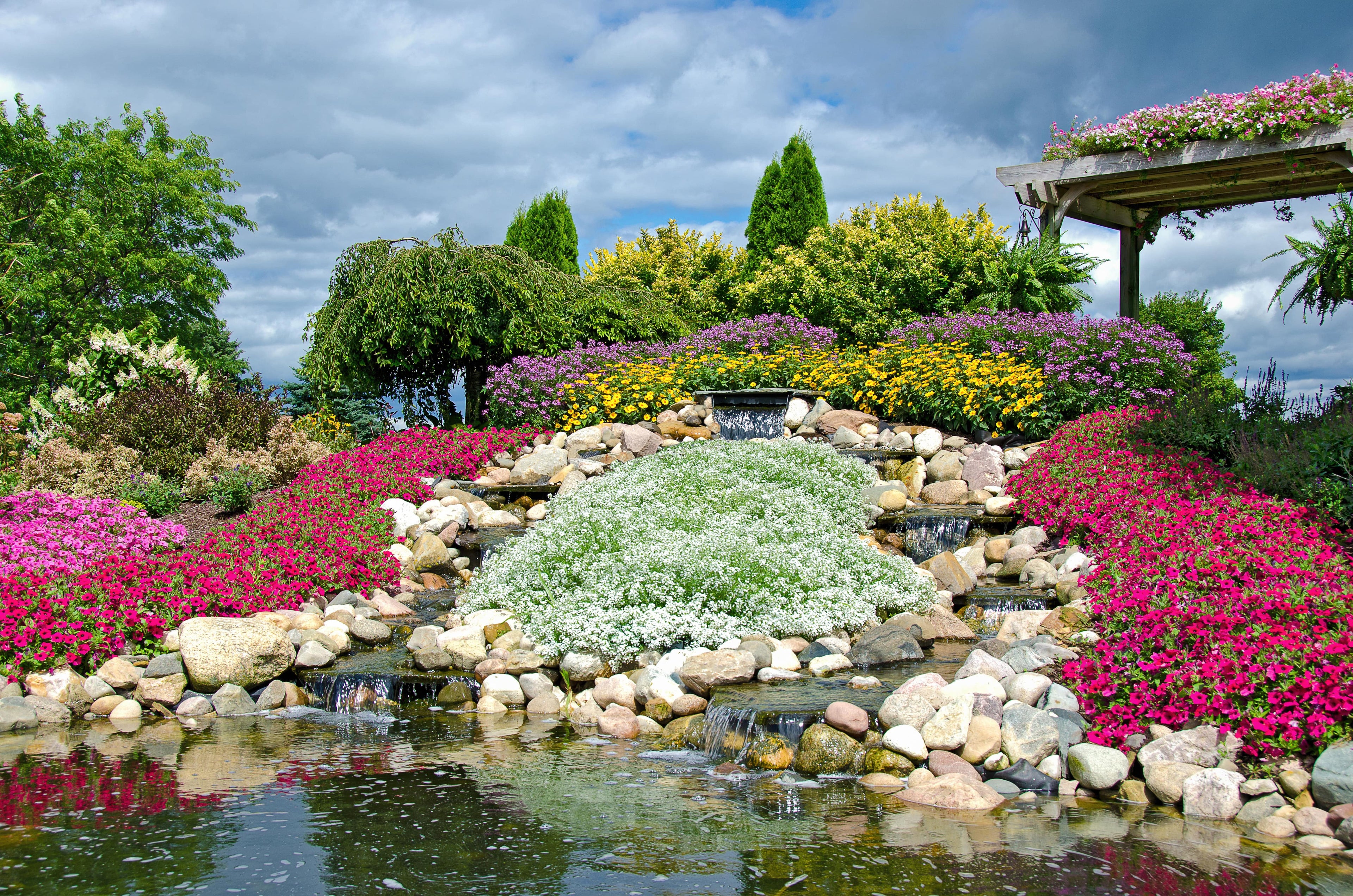 hillside rock garden on a slope with colorful flowers