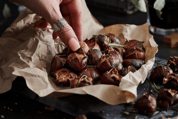 Roasted chestnuts being served.