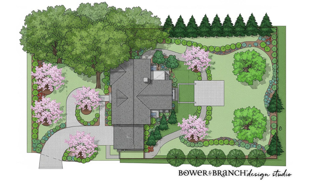 Sitemap of a garden layout with trees, pathways, and a house, designed by Bower & Branch Design Studio.