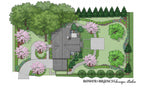 Sitemap of a garden layout with trees, pathways, and a house, designed by Bower & Branch Design Studio.