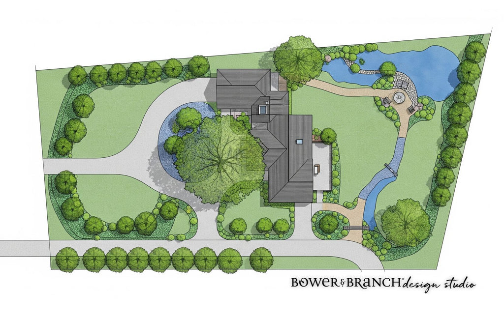 Garden layout plan with trees, pathways, and a house, designed by Bower & Branch Design Studio.