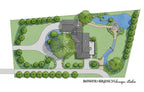 Garden layout plan with trees, pathways, and a house, designed by Bower & Branch Design Studio.