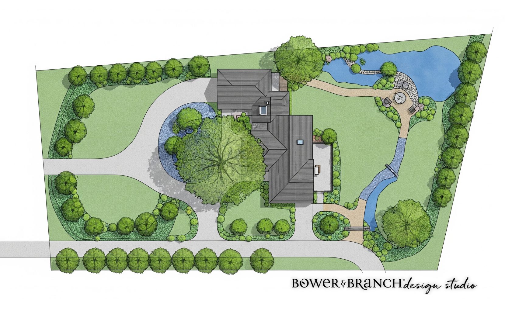 Garden layout plan with trees, pathways, and a house, designed by Bower & Branch Design Studio.
