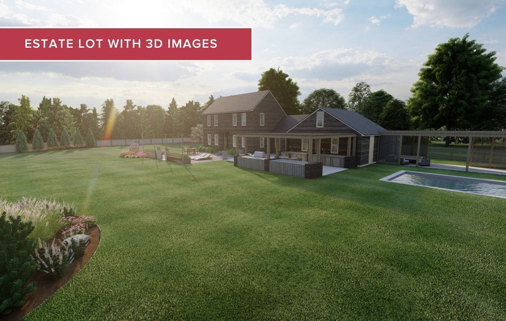 large backyard makeover design plans with a pool, outdoor kitchen, flower beds and outdoor dining area
