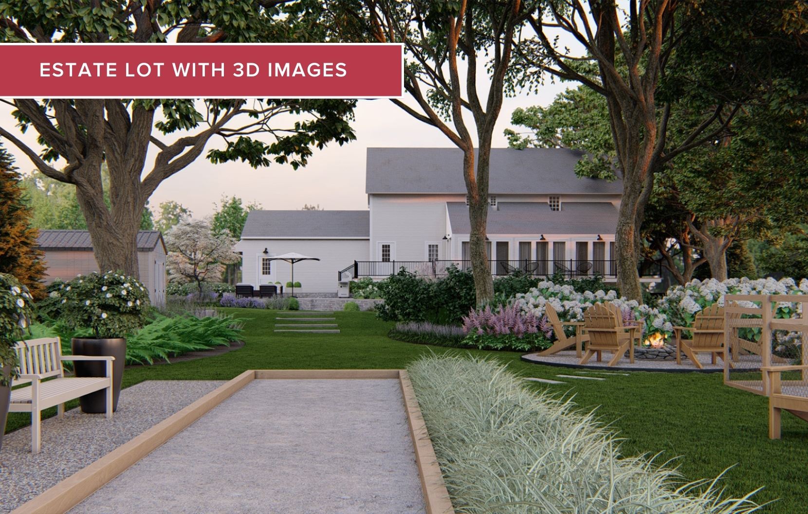 backyard privacy ideas with arborvitae and big trees, lush gardens and a natural stone fire pit 