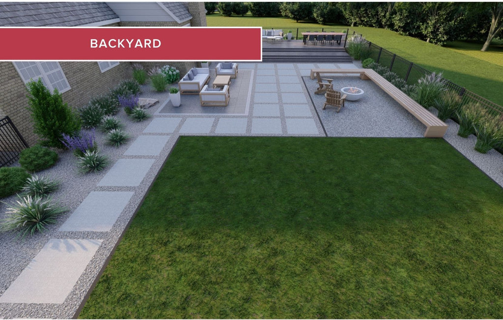 Backyard custom landscape design with outdoor seating