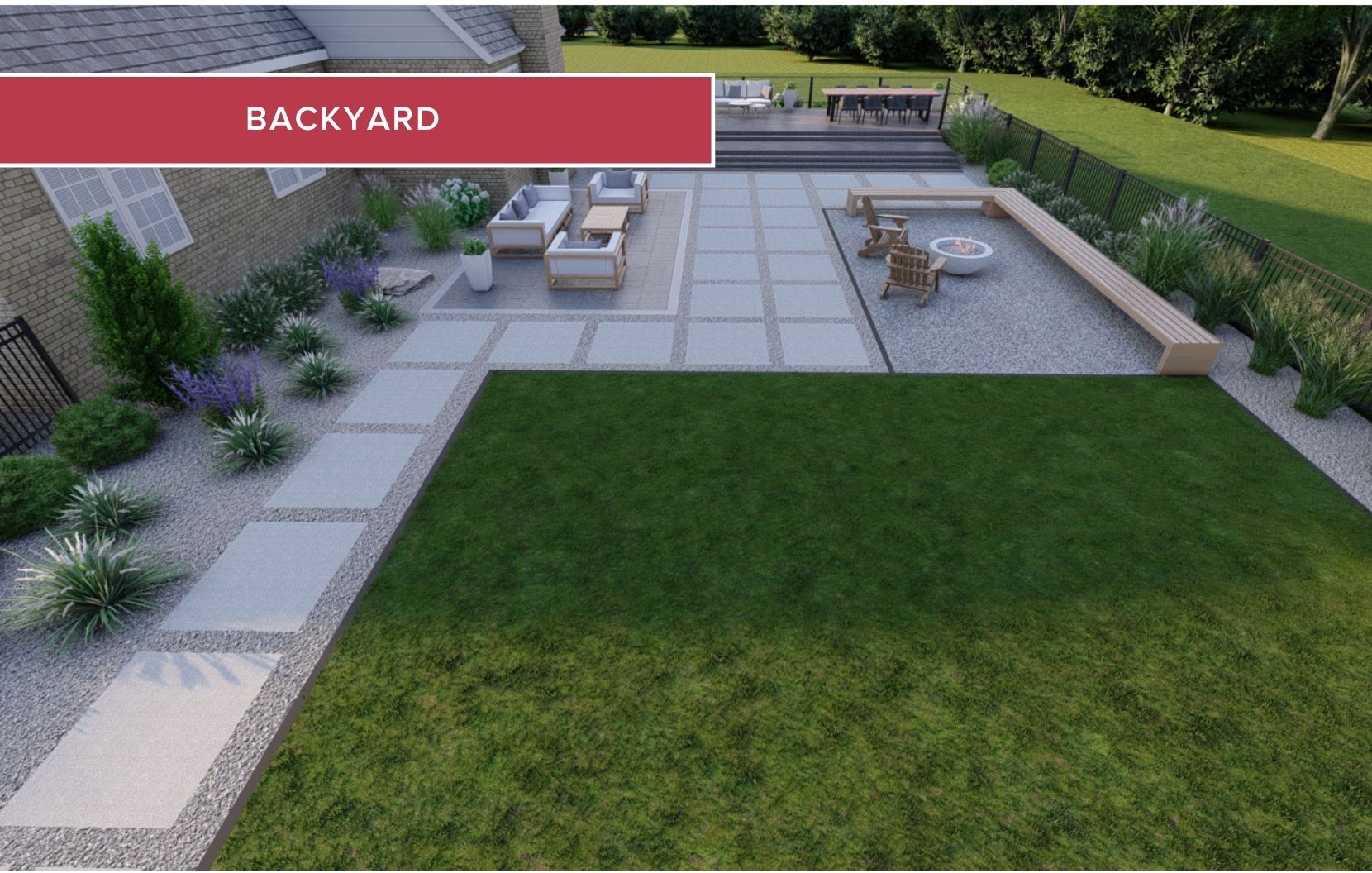 Backyard custom landscape design with outdoor seating