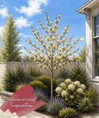 Landscape Design sketch of yellow Butterflies Magnolia Flowering tree in a garden with a house and blue sky in the background