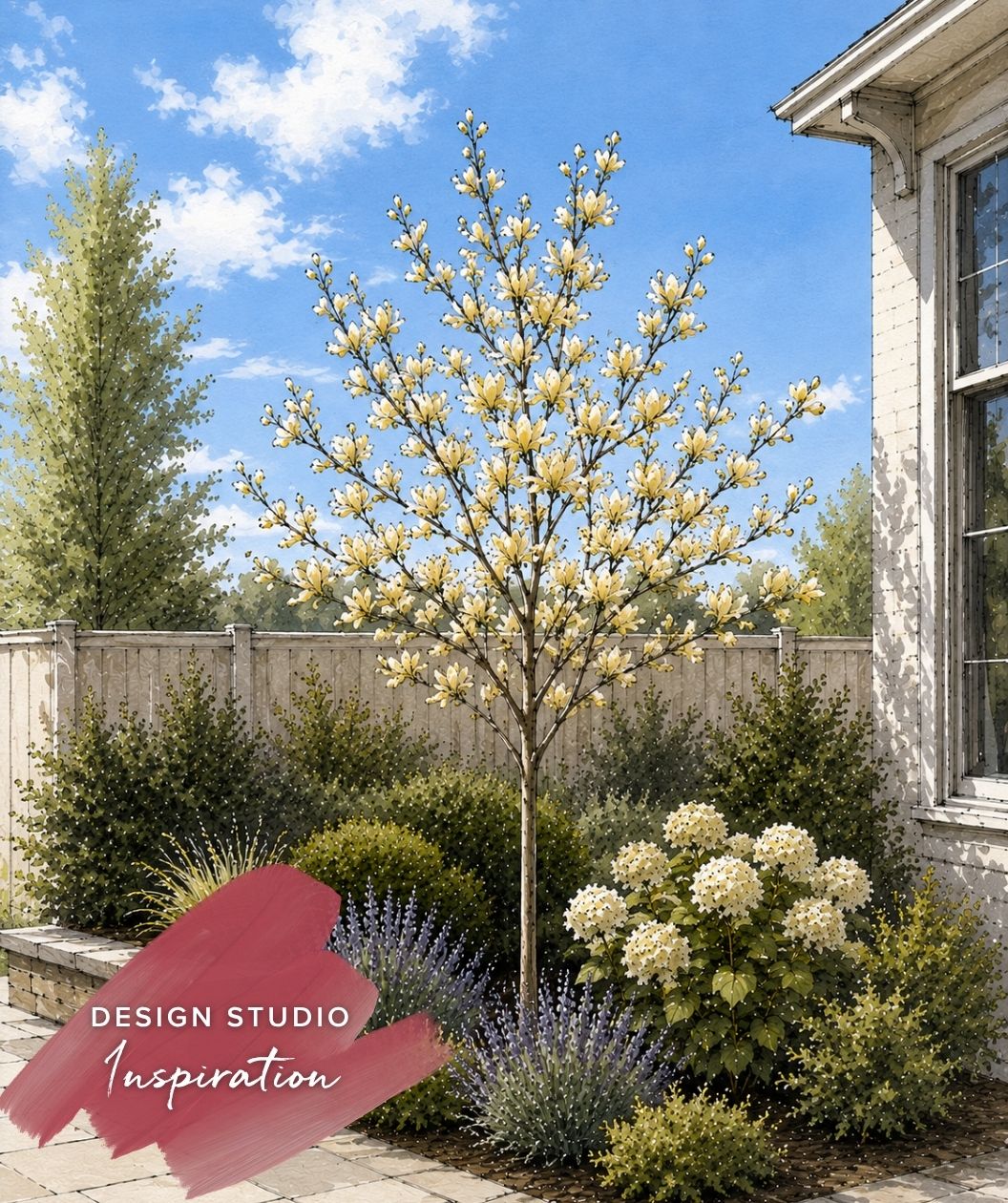 Landscape Design sketch of yellow Butterflies Magnolia Flowering tree in a garden with a house and blue sky in the background