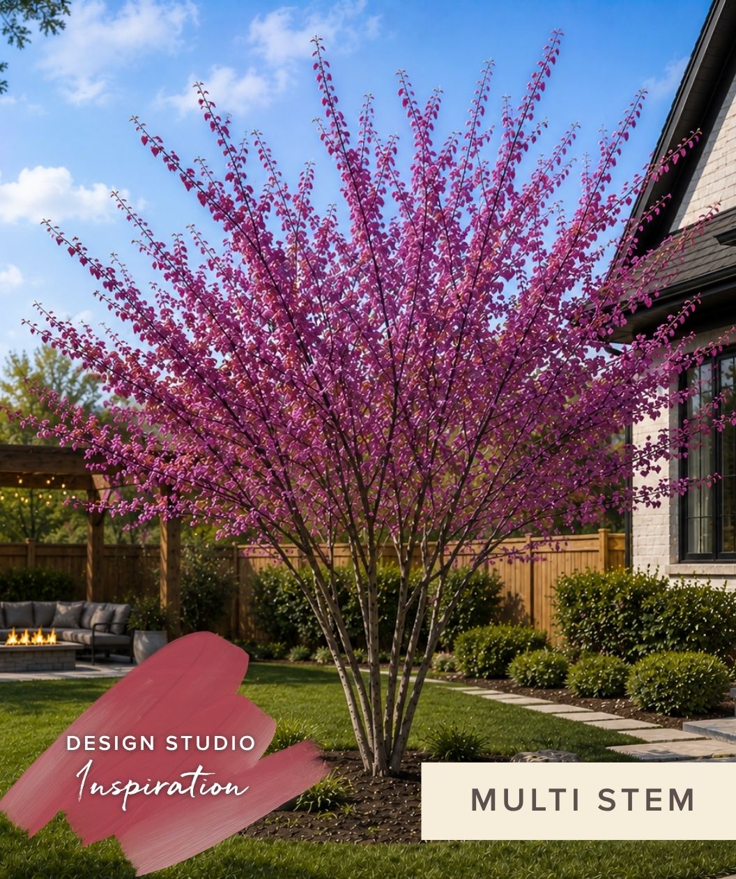 Eastern Redbud Multistem tree with pink blossoms in a garden setting with a house and outdoor furniture in the background.