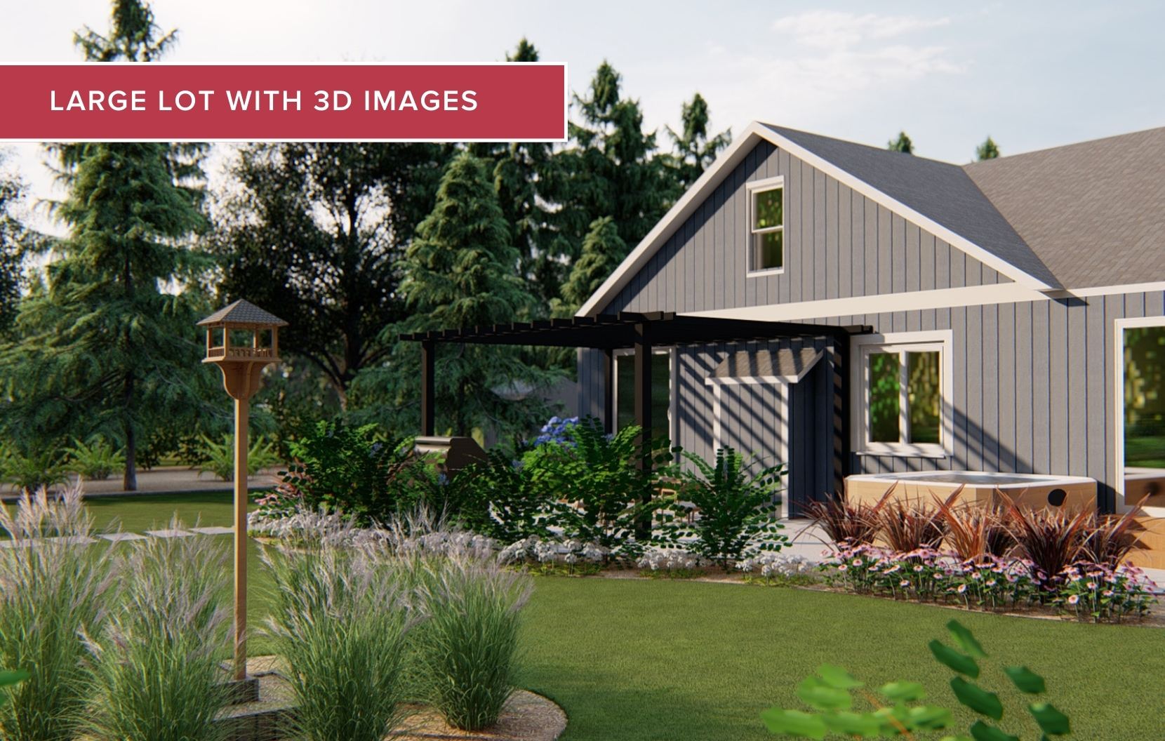 backyard landscape plans with a hot tub, birdhouse and shade