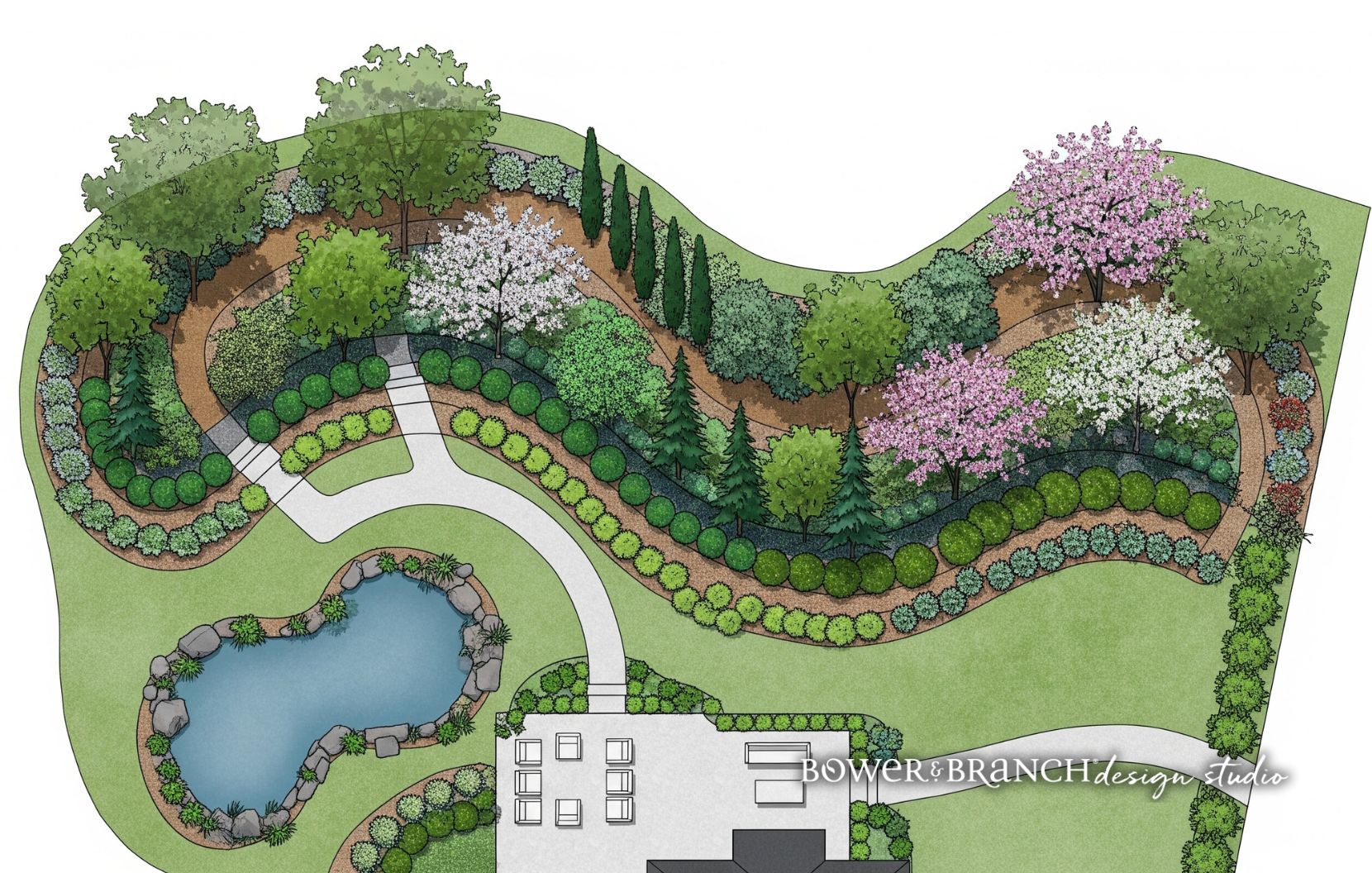 Prviacy wall Tapestry layout plan with trees, pathways and patio.