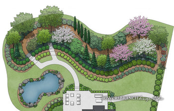 Prviacy wall Tapestry layout plan with trees, pathways and patio.