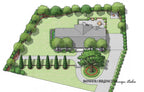 Landscape design plan of a house with gardens and trees, featuring 'Bower & Branch Design Studio' branding.