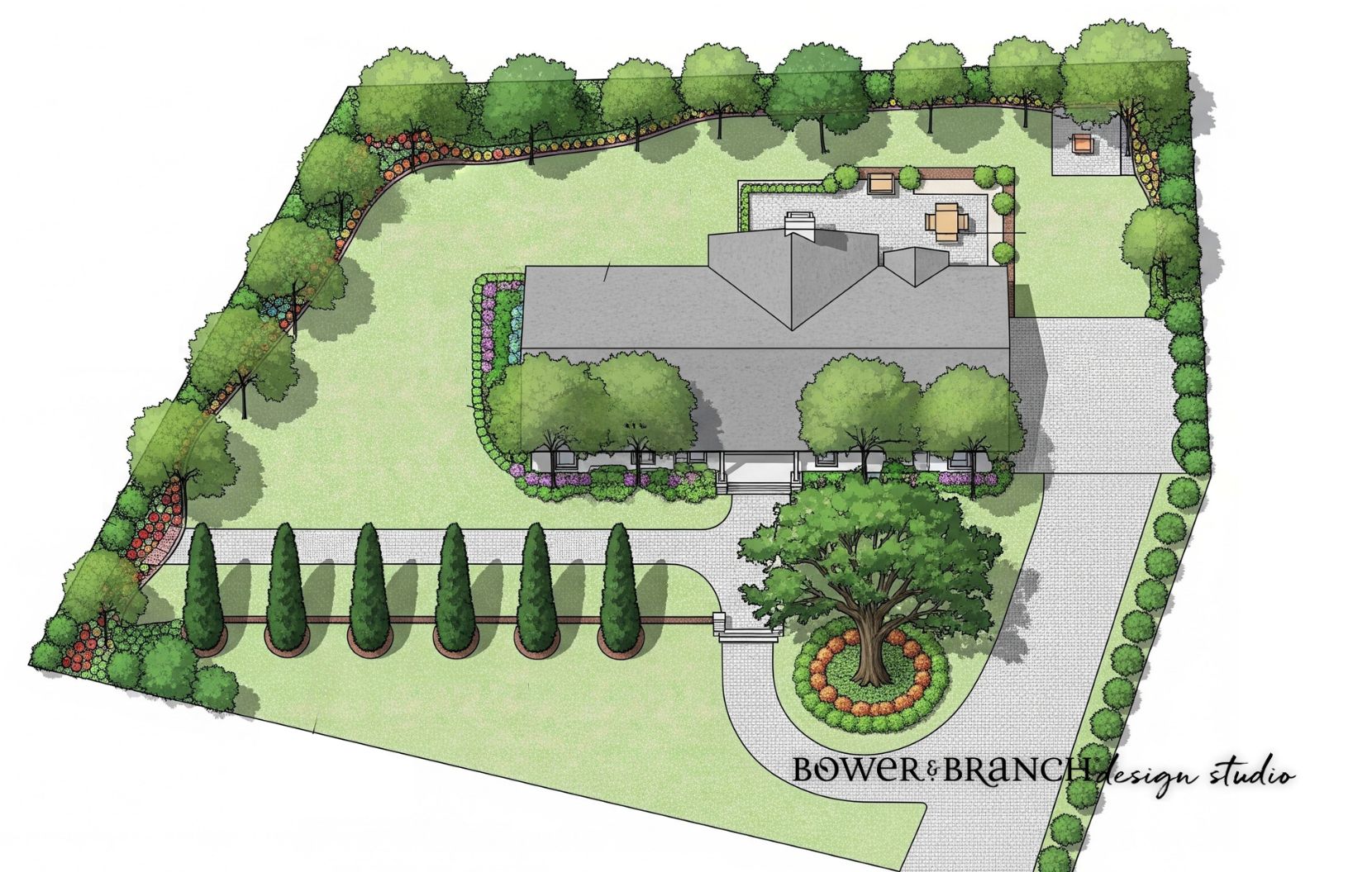 Landscape design plan of a house with gardens and trees, featuring 'Bower & Branch Design Studio' branding.