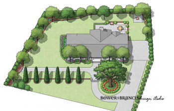 Landscape design plan of a house with gardens and trees, featuring 'Bower & Branch Design Studio' branding.