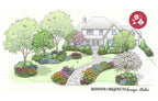 Native and beneficial front yard Garden design plan with a house, trees, and flowers by Bower & Branch Design Studio.