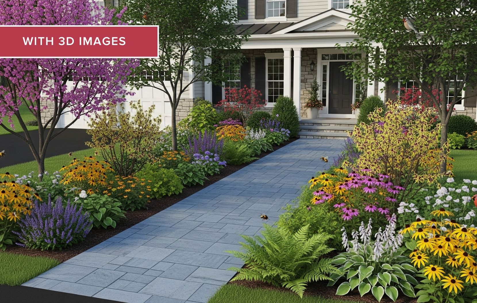 3d landscape design for a front yard with native and beneficial trees and plants