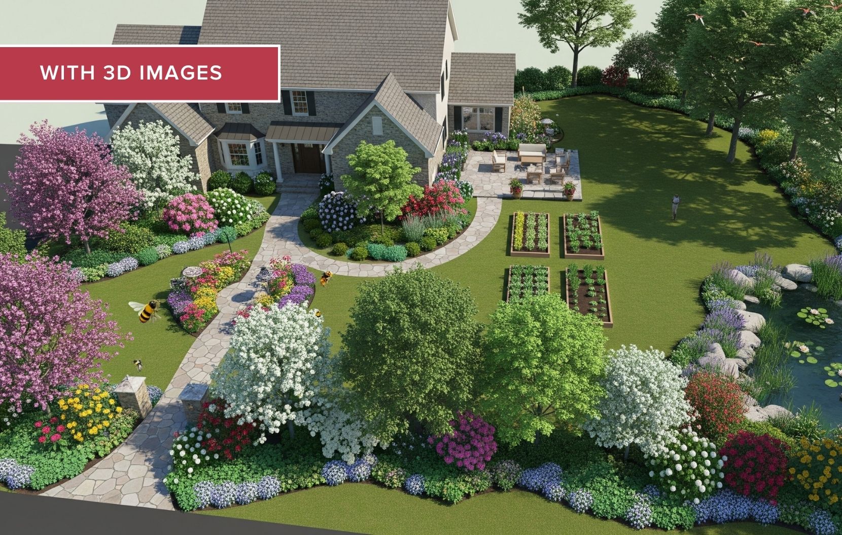 3D landscape design of a native and beneficial garden layout with flowers, trees, and a house.
