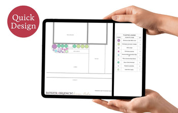 Person holding a tablet displaying a design layout with Bower & Branch Quick Design