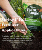 Hand holding Organic Plant Magic fertilizer granules over soil with Spring & Fall Fertilizer Applications text overlay