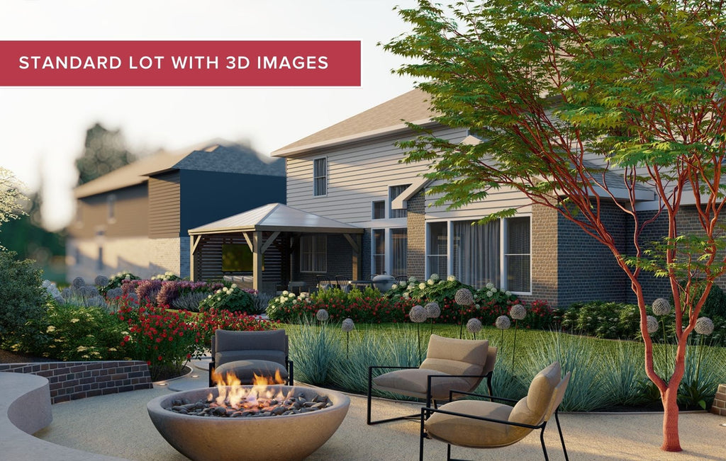 backyard landscape for a small backyard that includes a flowering tree, fire pit, pergola and beautiful flower beds