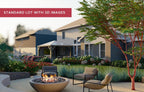 backyard landscape for a small backyard that includes a flowering tree, fire pit, pergola and beautiful flower beds