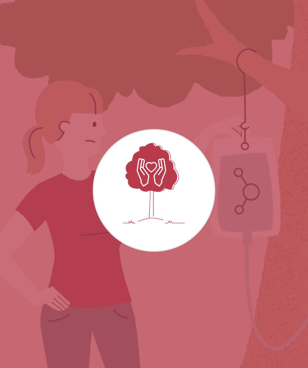 Tree Wellness Plan and Illustration of a person with a tree and a hand icon on a red background