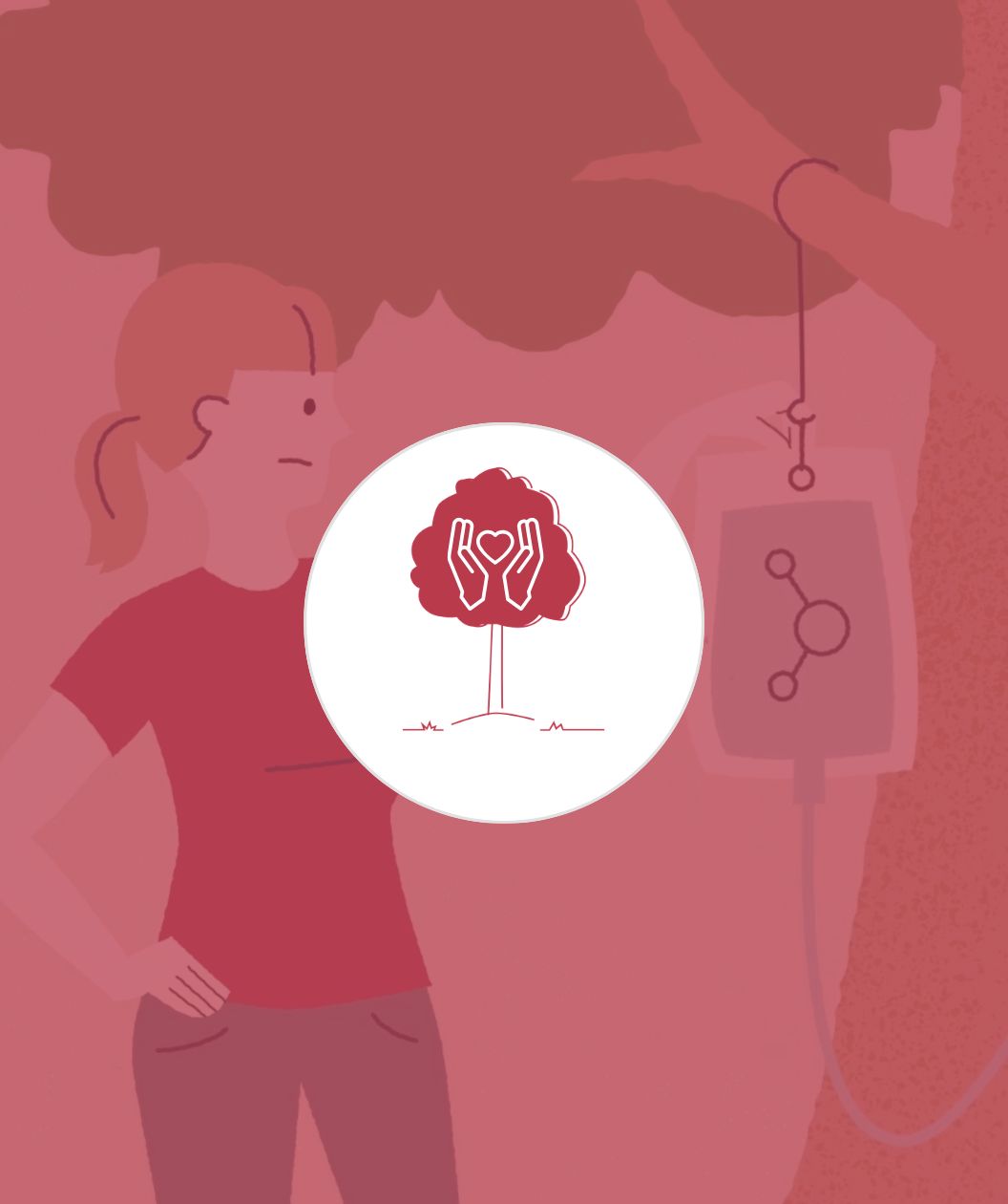 Tree Wellness Plan and Illustration of a person with a tree and a hand icon on a red background