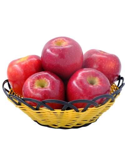 A basket of Early Fuji Apples, various round red apples with light green blush