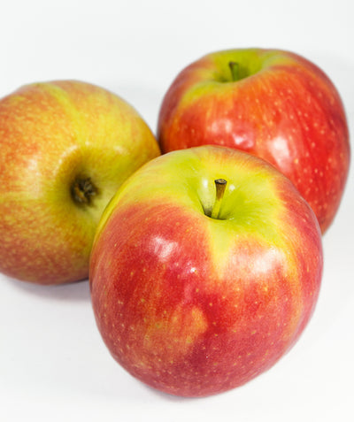 Pink Lady Apples on white, three round mostly red apples with light green blush and small white speckles