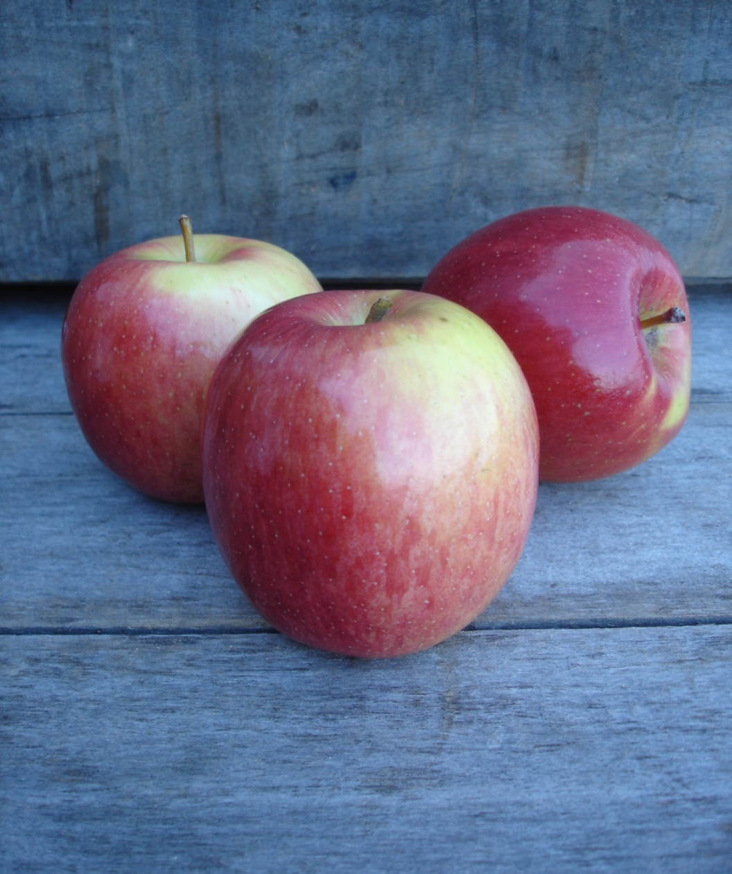 Red Fuji Apple product shot, three round red apples with yellow-green blush on a wooden table