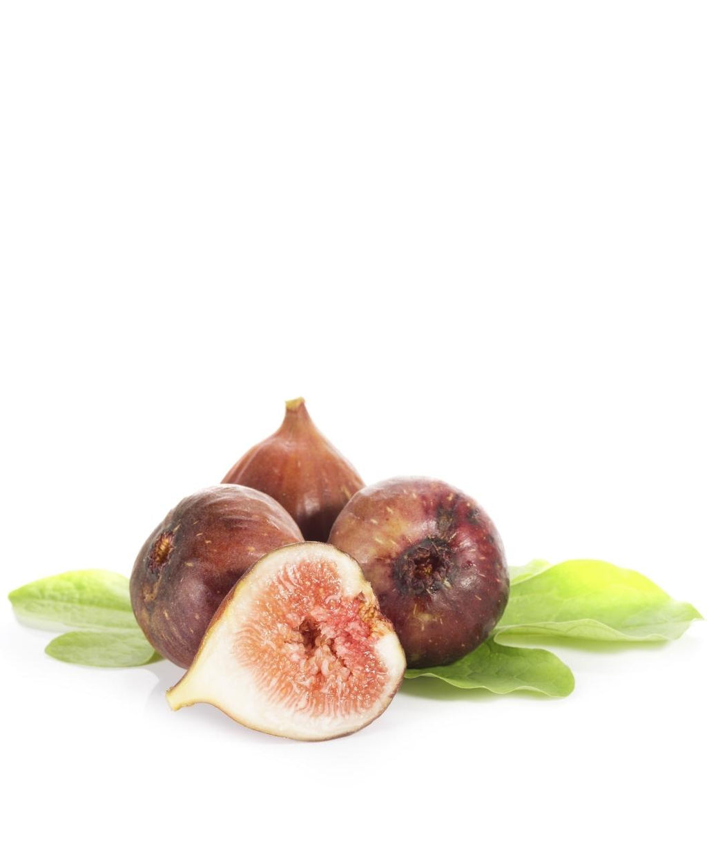 Brown Turkey Figs on white, various round brown figs on a large green leaf with 1 cut in half