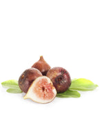 Brown Turkey Figs on white, various round brown figs on a large green leaf with 1 cut in half